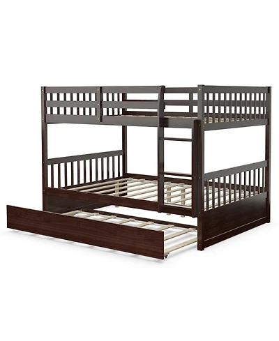 Gymax Full over Full Bunk Bed Platform Wood Bed w/ Trundle & Ladder Rail