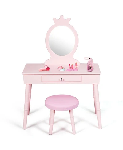 Gymax Kids Vanity Makeup Table & Chair Set Make Up Stool Play Set for Children