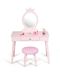 Gymax Kids Vanity Makeup Table & Chair Set Make Up Stool Play Set for Children
