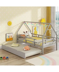 Gymax Twin House Bed w/ Trundle Wooden Kids Safety Rails & Decorable Roof