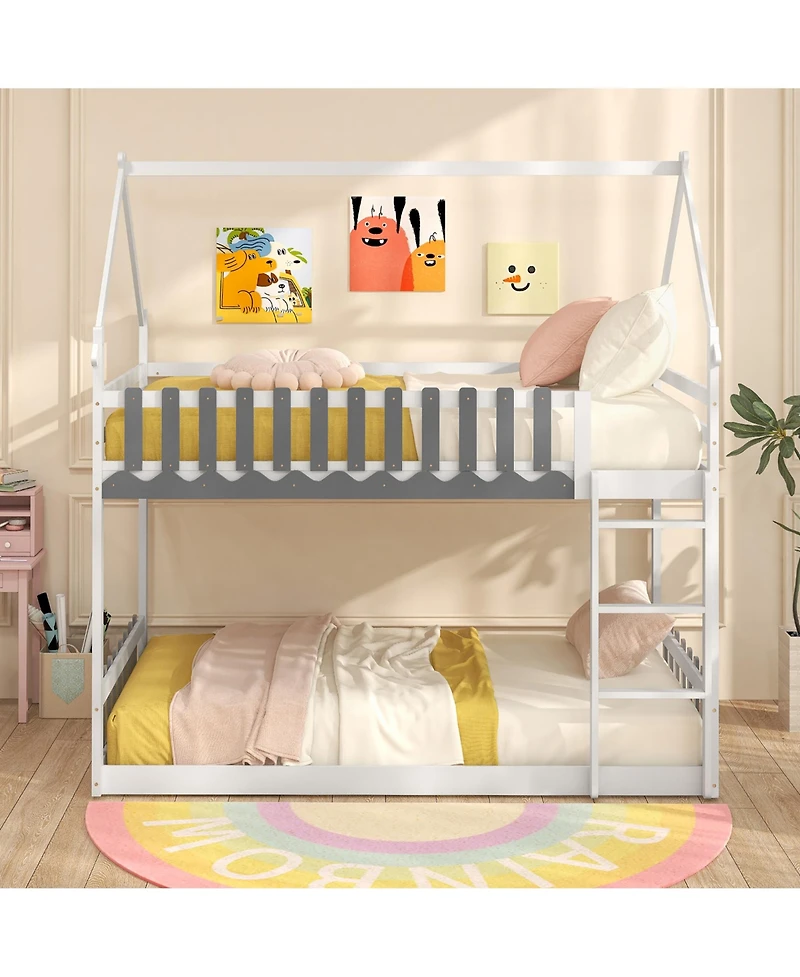 Gymax Twin Over Twin Bunk Bed w/ Fence & Ladder Solid Wood Floor Bunk Bed for Kids
