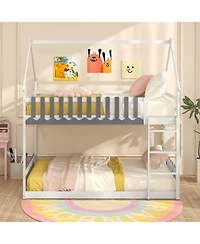 Gymax Twin Over Twin Bunk Bed w/ Fence & Ladder Solid Wood Floor Bunk Bed for Kids