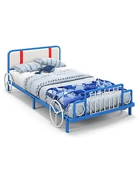 Gymax Twin Size Kids Bed Frame Car Shaped Metal Platform Bed w/ Upholstered Headboard