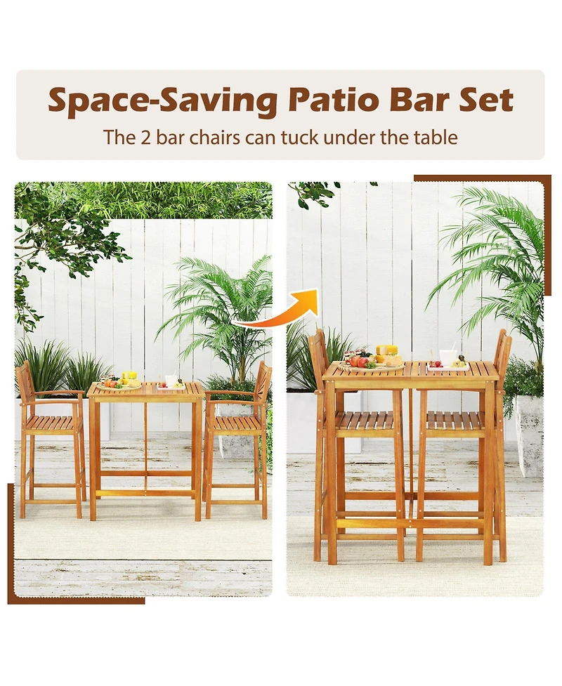 Gymax 3 Pcs Outdoor Acacia Wood Bar Set w/ Slatted Seat & Tabletop