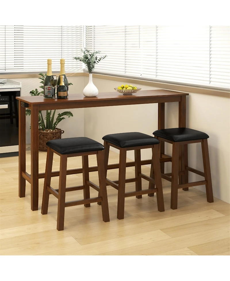 Gymax 4-Piece Bar Table Set w/ Power Outlet Counter-Height Table & 3 Bar Stools