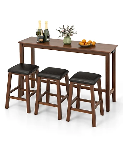 Gymax 4-Piece Bar Table Set w/ Power Outlet Counter-Height Table & 3 Bar Stools