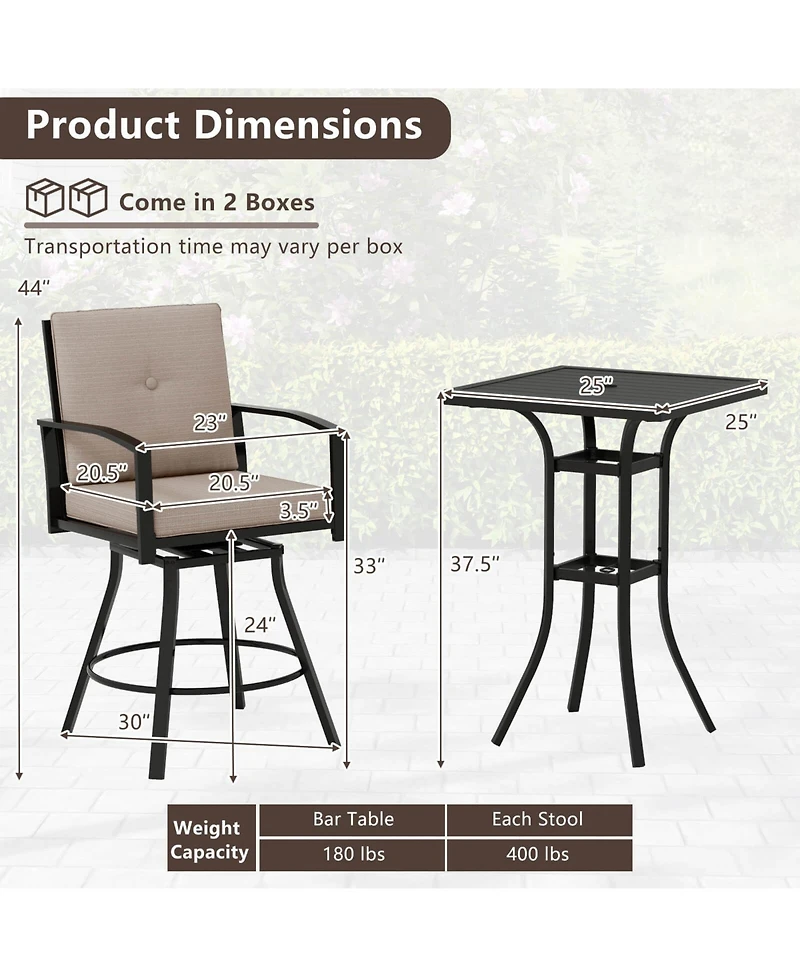 Gymax Set of 3 Swivel Bar Set Table & Chairs Set w/ Soft Cushions & Umbrella Hole