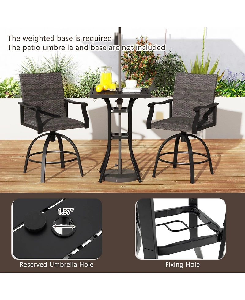 Gymax 3 Pcs Pe Wicker Patio Swivel Bar Set Table & Chairs w/ Quick-Drying Foam