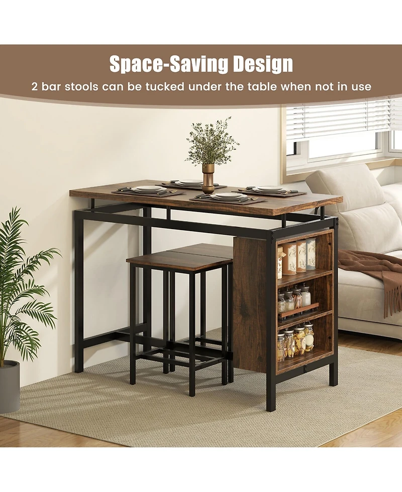 Gymax 3-Piece Dining Table Set Bistro Table & 2 Bar Stools w/ 3-Tier Storage Shelf