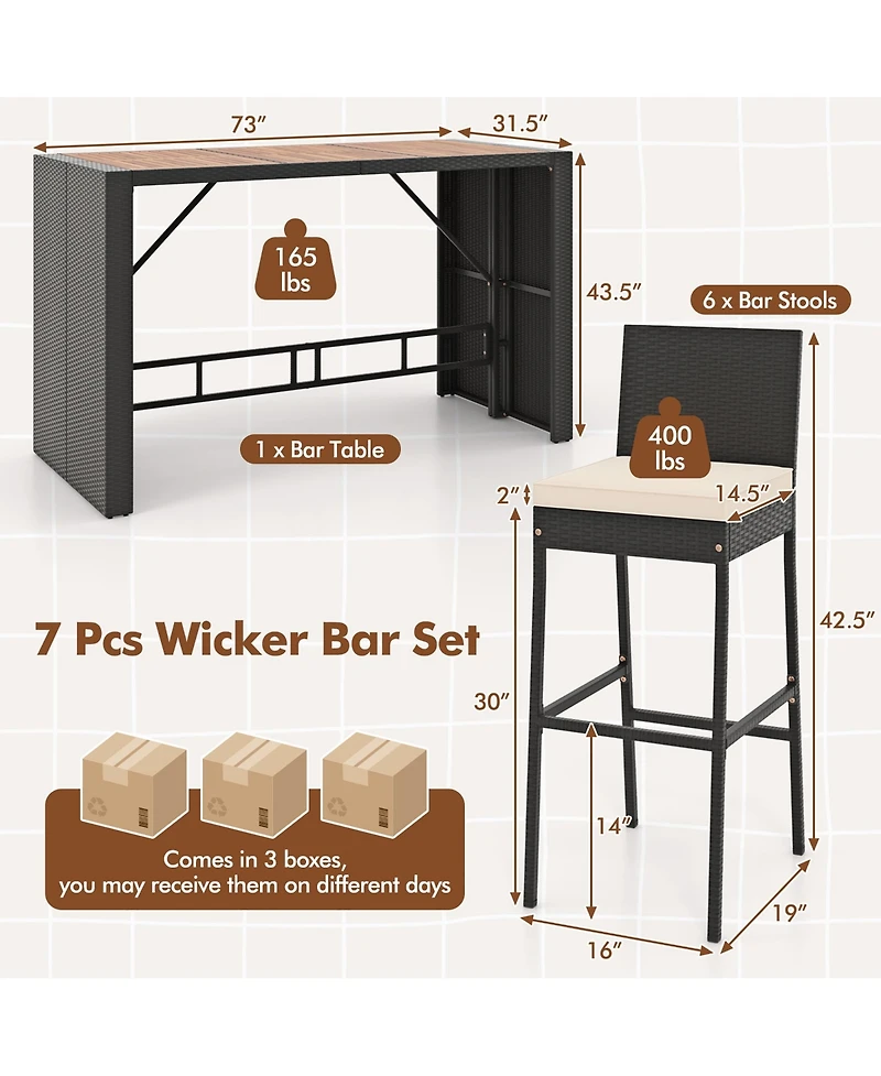 Gymax 7 Pieces Patio Bar Set w/ Acacia Wood Tabletop & Removable Cushions Outdoor