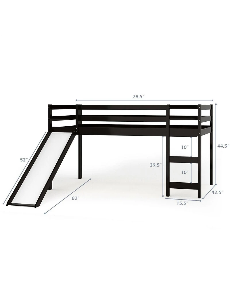 Gymax Twin Size Loft Bed with Slide Wood Low Sturdy Loft Bed Bedroom