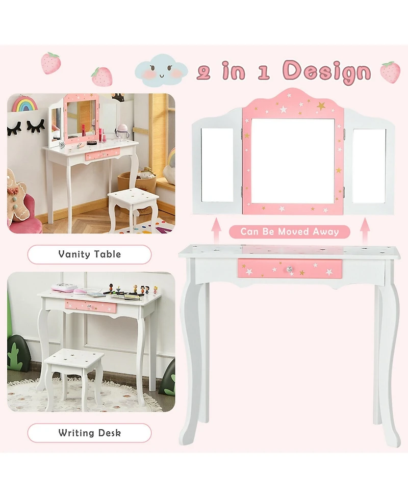 Gymax Kids Vanity Princess Makeup Dressing Table Chair Set W/ Tri-folding Mirror
