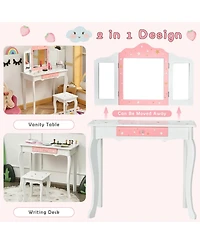 Gymax Kids Vanity Princess Makeup Dressing Table Chair Set W/ Tri-folding Mirror