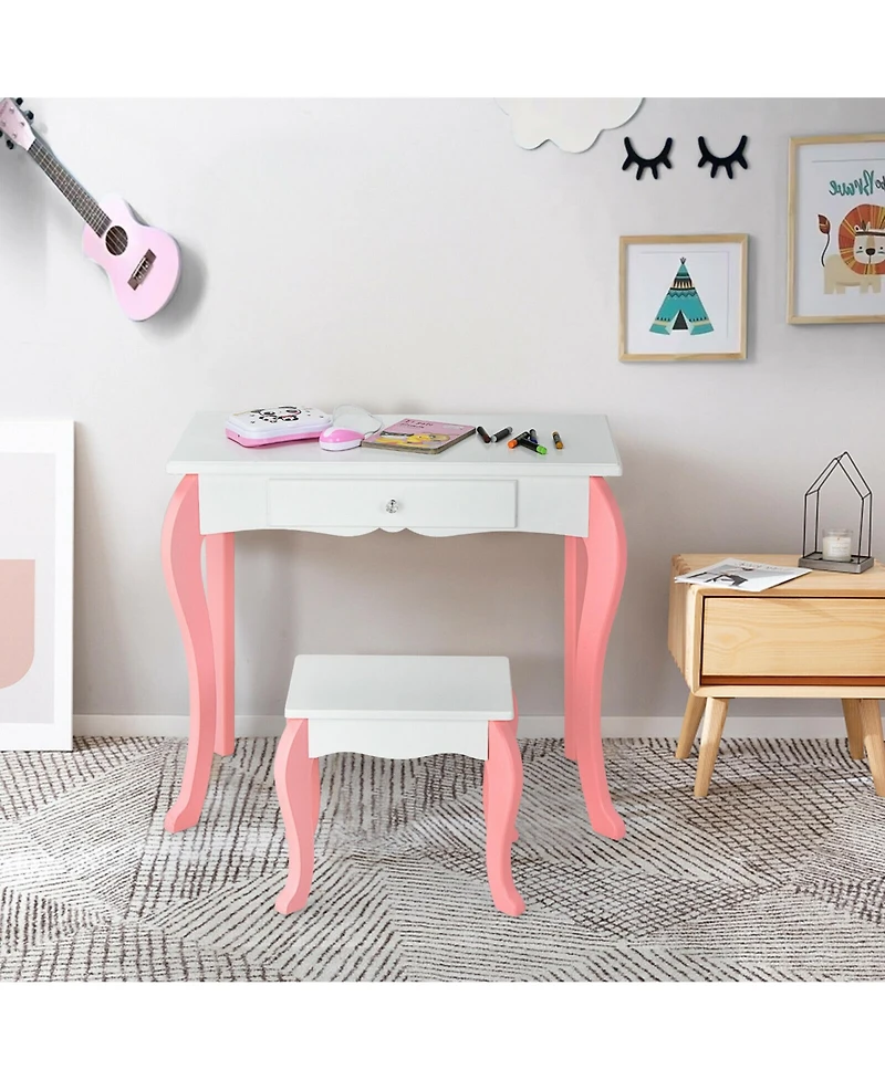 Gymax Kids Vanity Princess Makeup Dressing Table Stool Set W/ Mirror Drawer