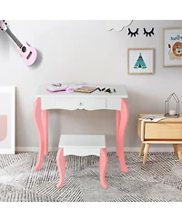 Gymax Kids Vanity Princess Makeup Dressing Table Stool Set W/ Mirror Drawer
