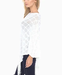 White Mark Women's Open Knit Fringe Poncho Sweater