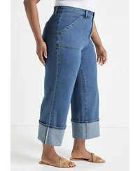 June + Vie Women's Wide-Leg Cropped Cuffed Jeans