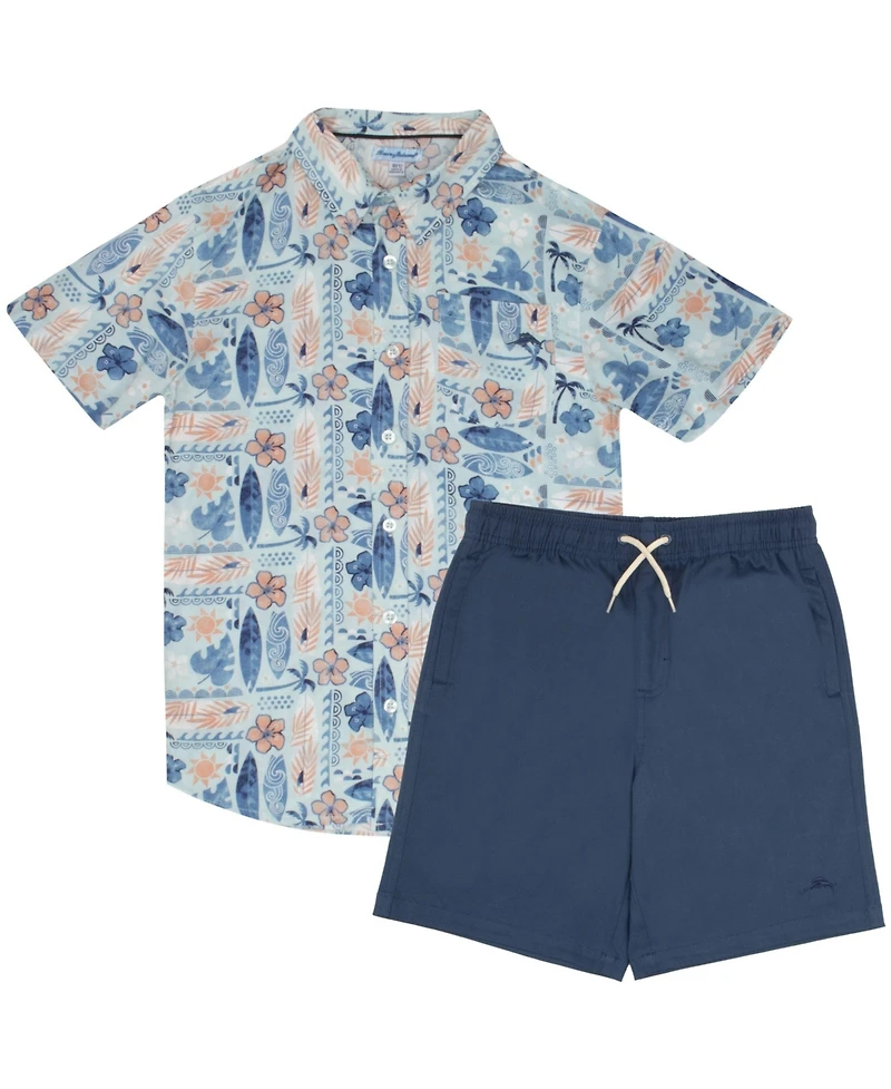 Tommy Bahama Little Boys Button Down Short Sleeve Hawaiian Elastic Woven Shirt and Short Set