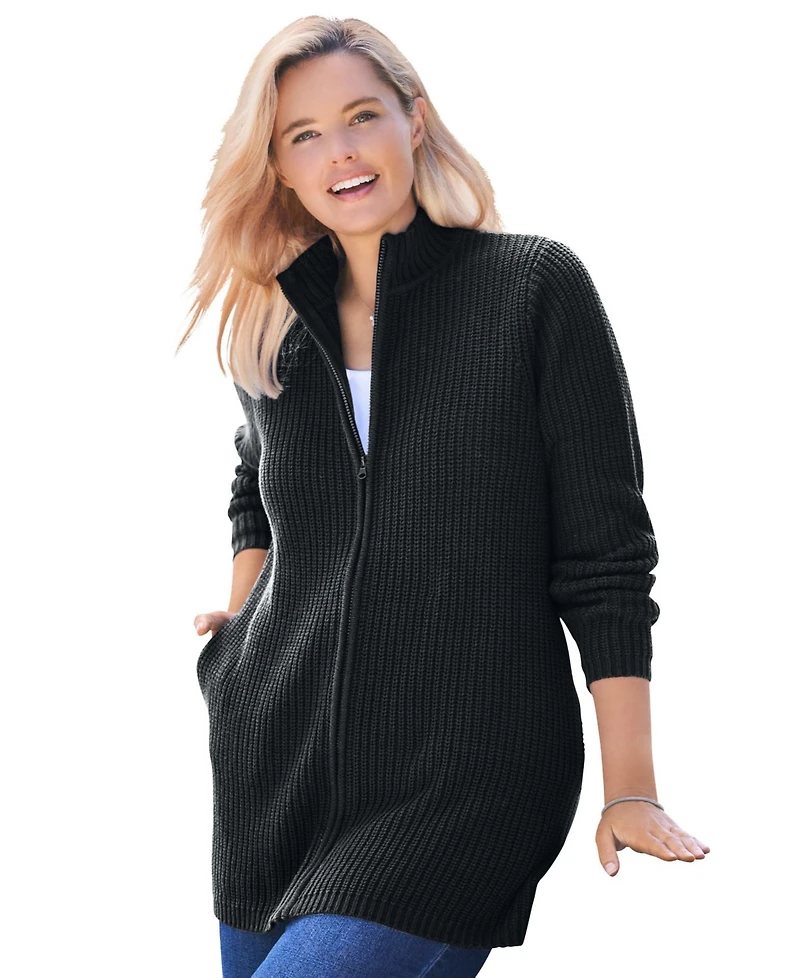 Woman Within Plus Zip Front Shaker Cardigan