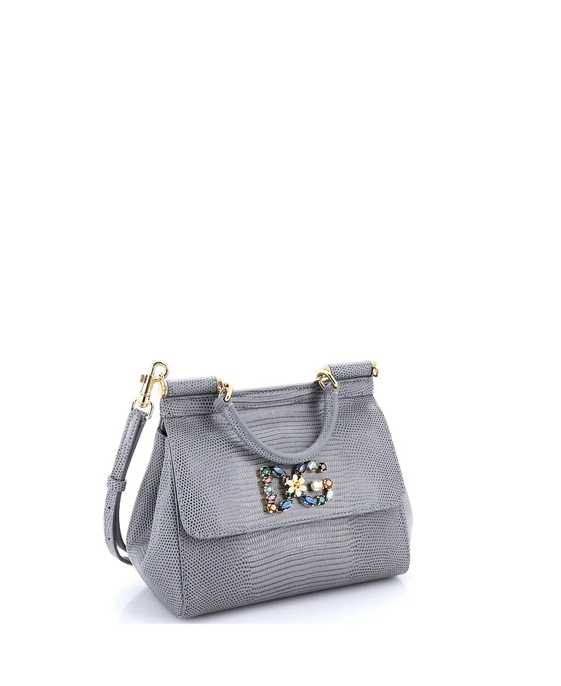 Pre-Owned Dolce & Gabbana Small Miss Sicily Bag Embossed Leather with Crystal Detail