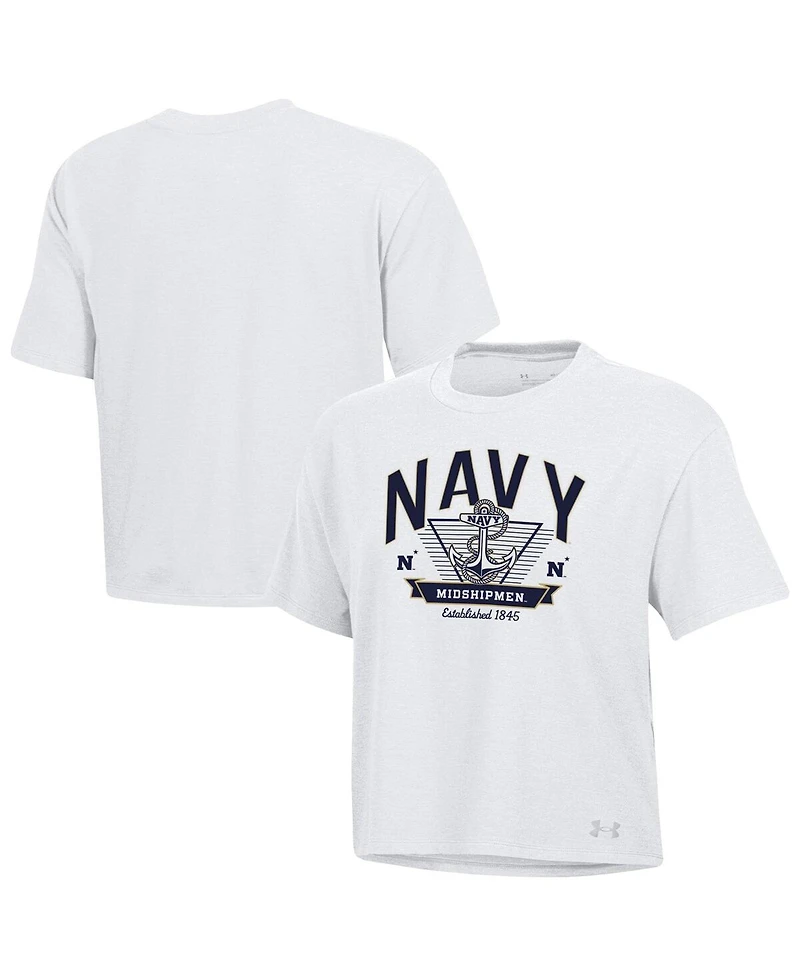Under Armour Women's White Navy Midshipmen Essentials Icon Ultra-Soft Tri-Blend Boxy Cropped T-Shirt