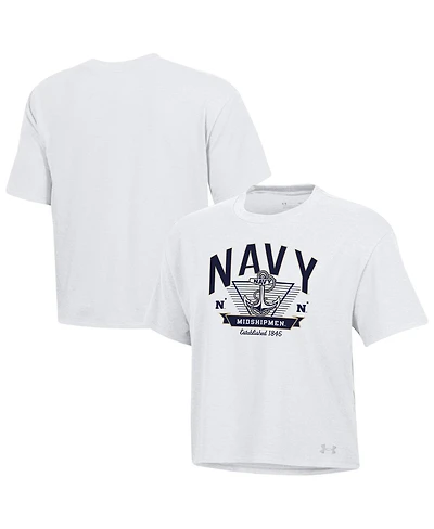 Under Armour Women's White Navy Midshipmen Essentials Icon Ultra-Soft Tri-Blend Boxy Cropped T-Shirt