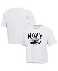 Under Armour Women's White Navy Midshipmen Essentials Icon Ultra-Soft Tri-Blend Boxy Cropped T-Shirt