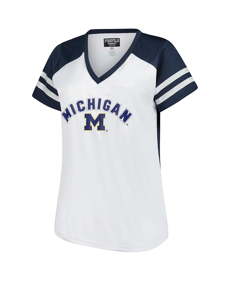 Fanatics Women's White Michigan Wolverines Plus Rhinestone Glitter Sleeve Stripe V-Neck T-Shirt
