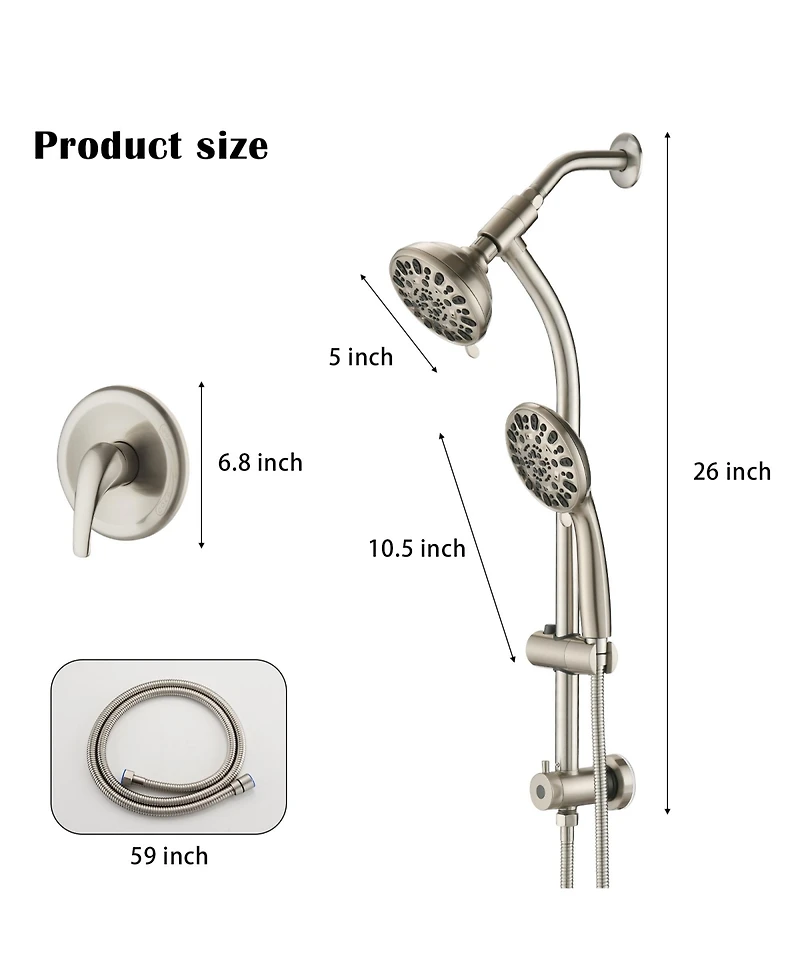 Rainsken High Pressure 48-Settings Shower Head with Handheld Shower, Adjustable Height Slide Bar Dual Shower Head Combo Set
