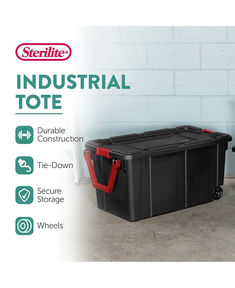 Sterilite Heavy Duty 40 Gallon Wheeled Industrial Storage Tote, 4-Pack, Black