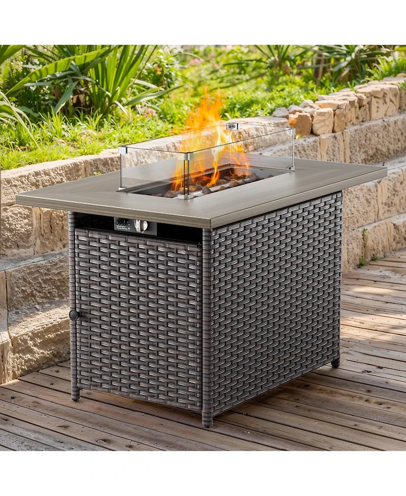 Gymojoy Brown/Gray Wicker Outdoor Rectangular 50,000 Btu Propane Gas Fire Pit Table with Lid