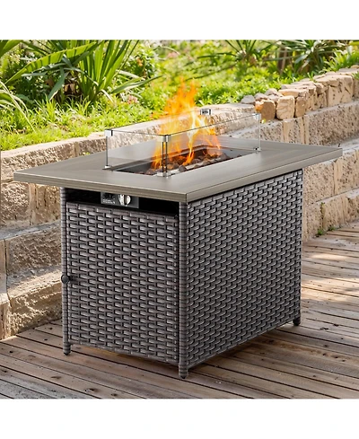 Gymojoy Brown/Gray Wicker Outdoor Rectangular 50,000 Btu Propane Gas Fire Pit Table with Lid