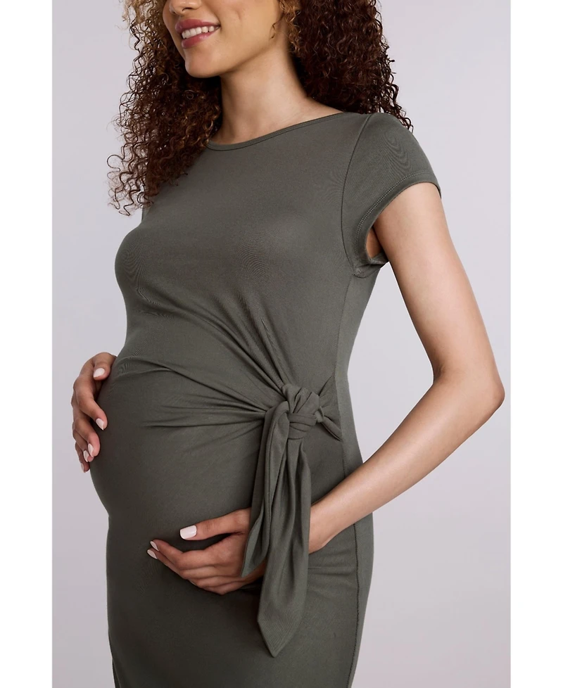 Motherhood Maternity Crew Neck Short Sleeve Side Tie Midi Dress
