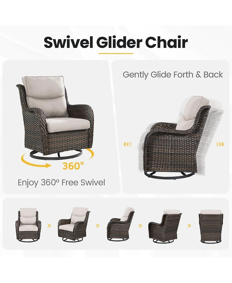 Gymojoy LunaCurve Wicker 3-Piece Outdoor Swivel Glider Set Conversation with 5 in. Thick Cushions