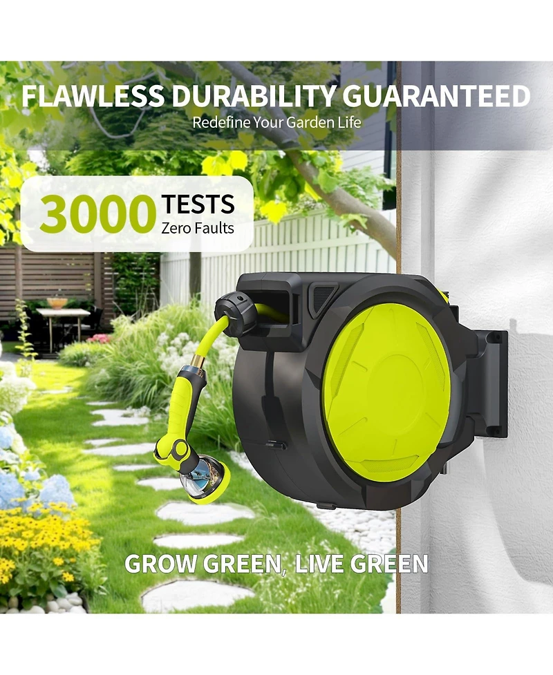 Sugift 65ft Retractable Garden Hose Reel with Auto Rewind, 180° Swivel & 10-Function Nozzle