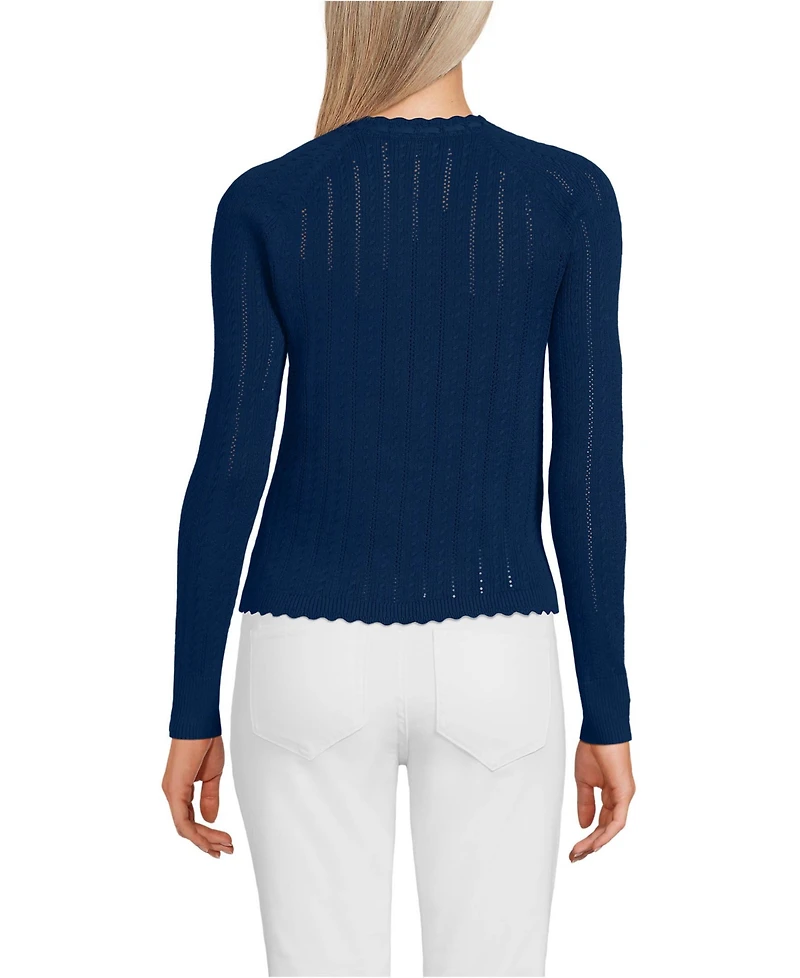 Lands' End Women's Cotton Pointelle Satin Trim Cardigan Sweater