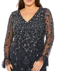 Mac Duggal Women's V-Neck Embellished Long Flutter Sleeve Tired Gown