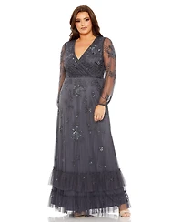 Mac Duggal Women's Puff Sleeve V-Neck Tiered Embellished Gown