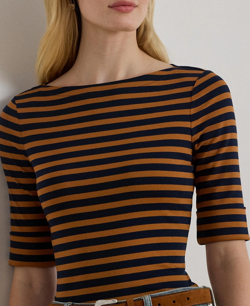 Lauren Ralph Women's Striped Stretch Cotton Boatneck Tee