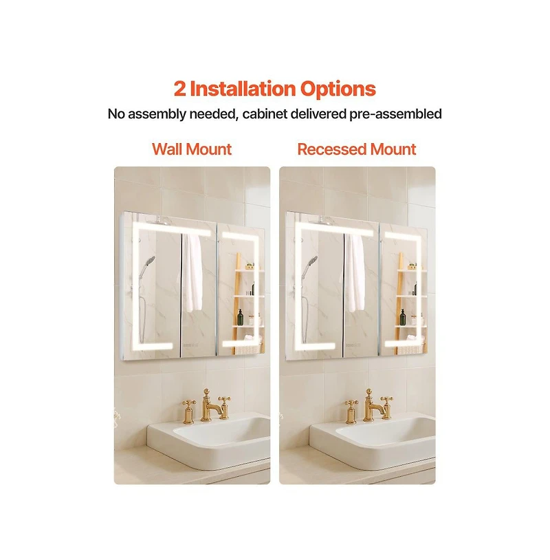 Slickblue Hd Tempered Glass Mirror Medicine Cabinet Lighted, Recessed Wall Mount