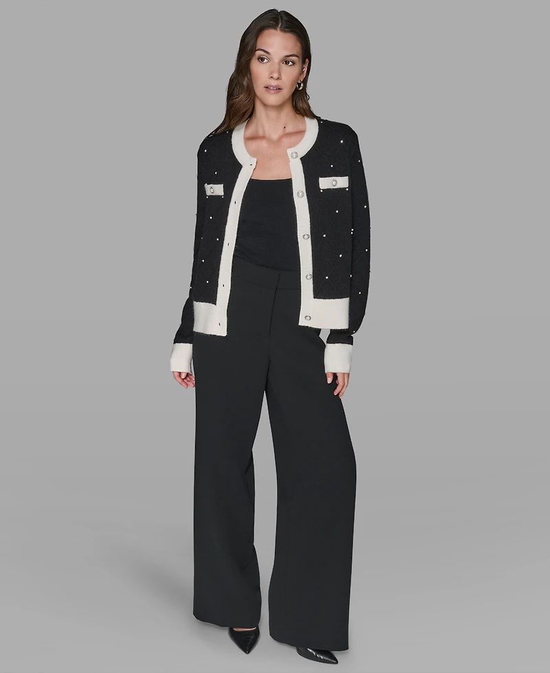 Karl Lagerfeld Paris Petite Crew Neck Front-Button Cardigan Sweater