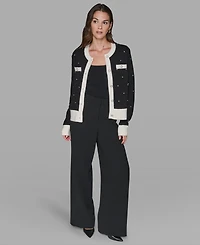 Karl Lagerfeld Paris Petite Crew Neck Front-Button Cardigan Sweater