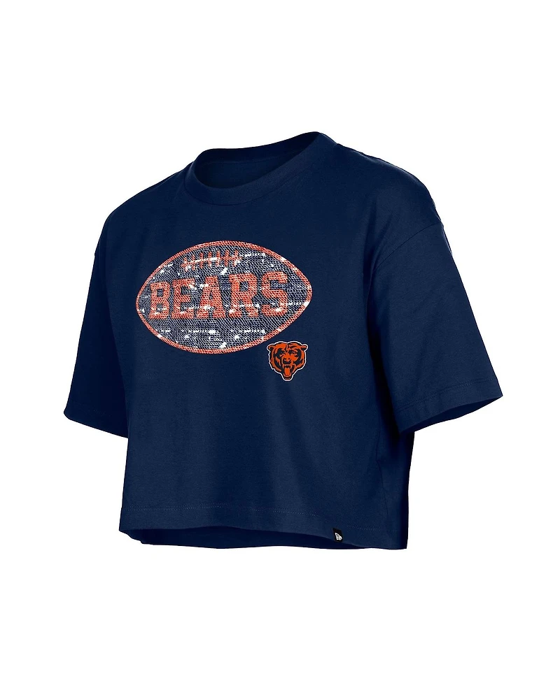 New Era Girl's Navy Chicago Bears Flip Sequin Boxy T-Shirt