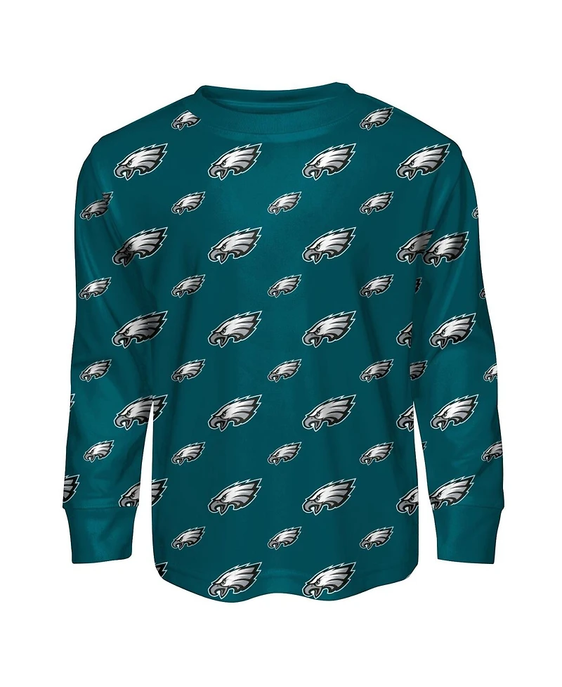 Outerstuff Big Boys and Girls Midnight Green Philadelphia Eagles All-Over-Print Long Sleeve T-Shirt Pants Sleep Set
