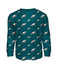 Outerstuff Big Boys and Girls Midnight Green Philadelphia Eagles All-Over-Print Long Sleeve T-Shirt Pants Sleep Set