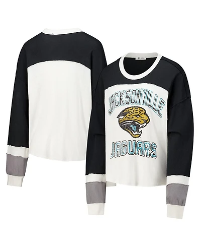 '47 Brand Women's Cream Jacksonville Jaguars Double Header Curve Raglan Long Sleeve Crop Top