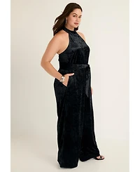 June + Vie Women's Crushed Velvet Halterneck Jumpsuit