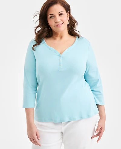 Style & Co Plus Size 3/4-Sleeve Cotton Henley Top, Exclusively at Macy's