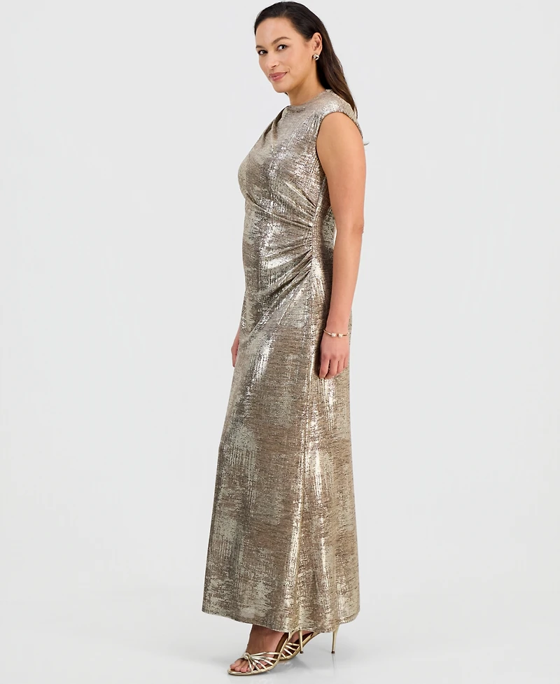 Connected Petite Metallic Printed Cap Sleeve Gown