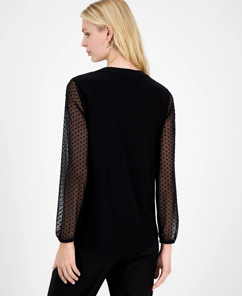 Kasper Women's Split-Neck Long-Dot-Sleeve Blouse